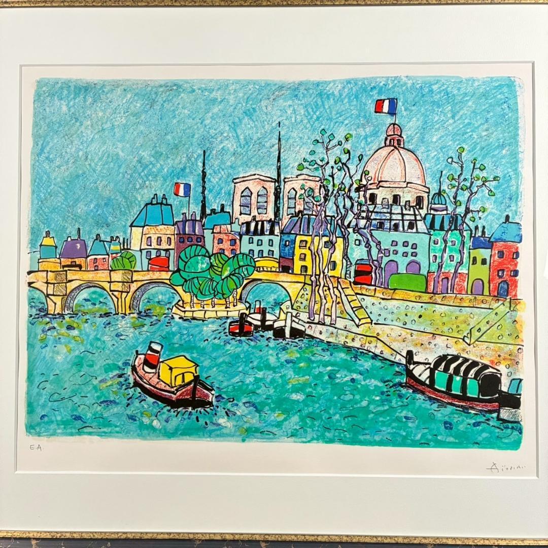 美品 ポール・アイズピリ「ポンヌフ」リトグラフ 直筆サイン入 額縁入