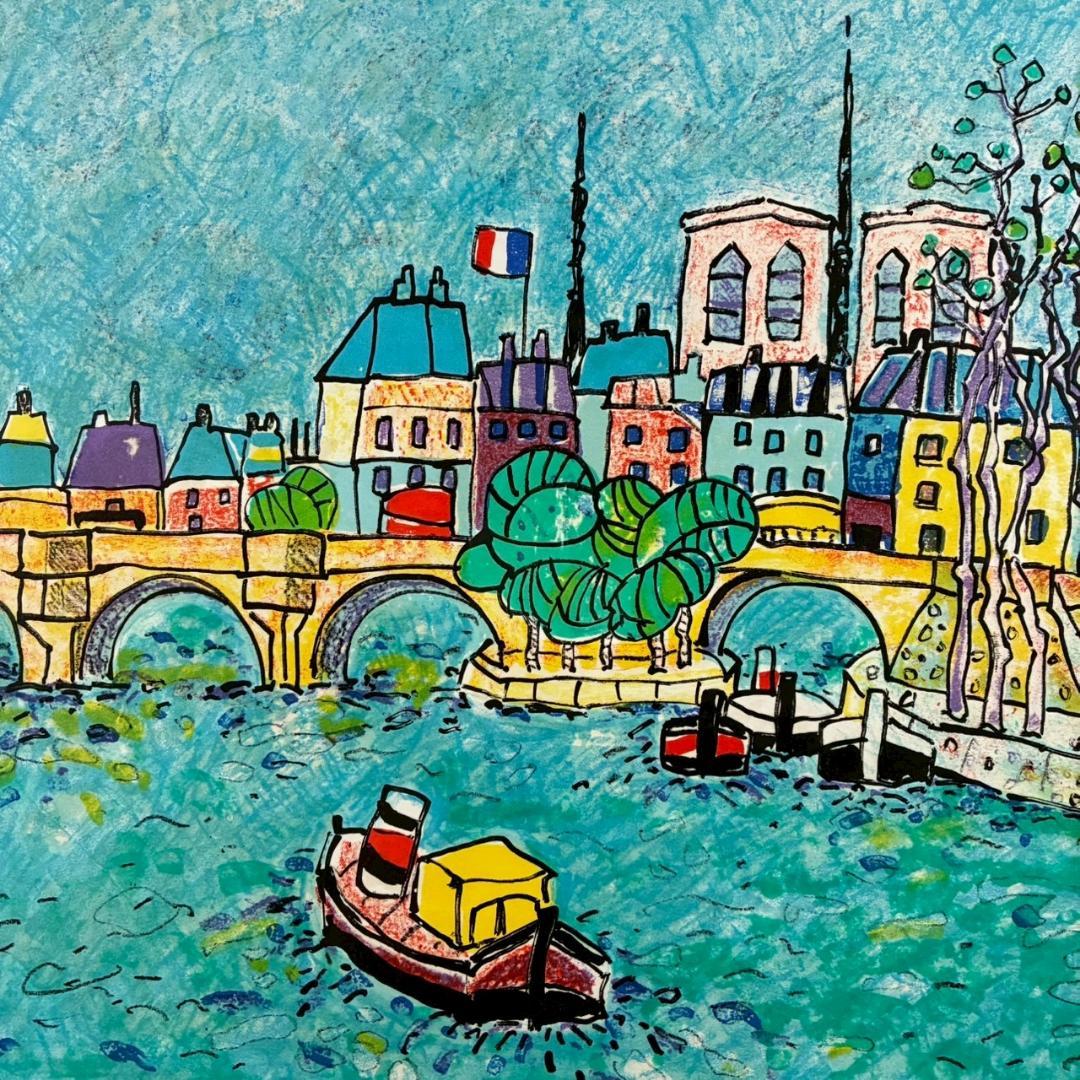 美品 ポール・アイズピリ「ポンヌフ」リトグラフ 直筆サイン入 額縁入