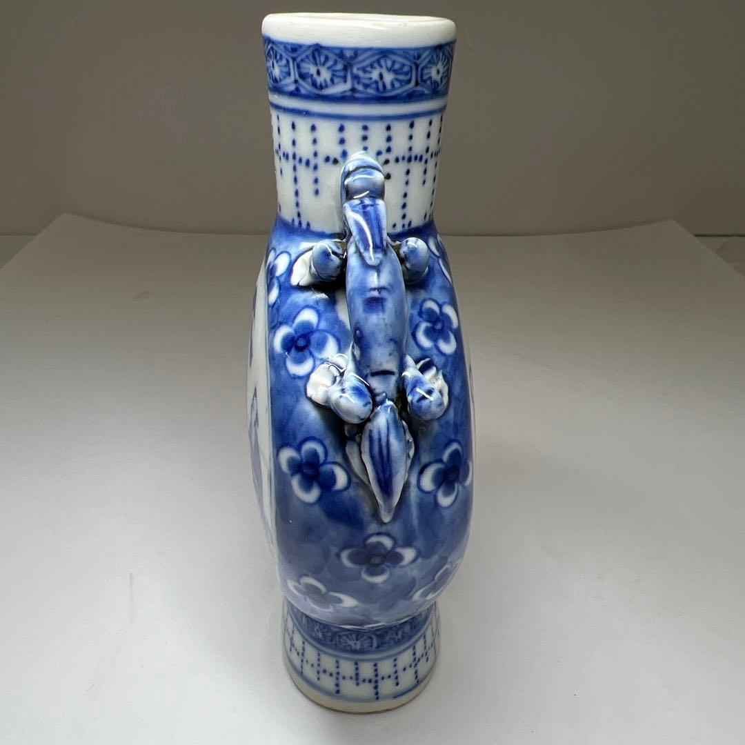 中国清時代　康熙年製　青花龍耳花入　木箱付　高約13.5㎝東Y7-1226☆2F