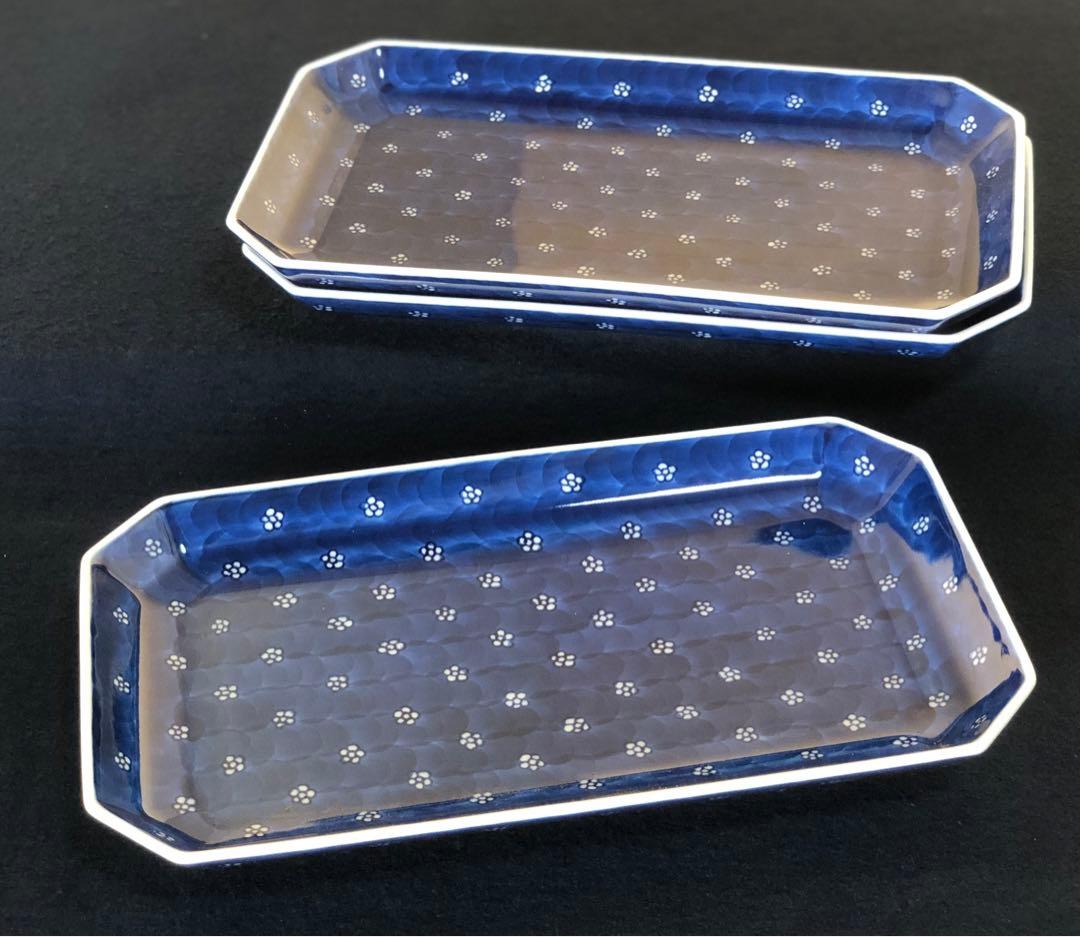 《レ》有田焼 源右衛門作 染付梅地紋 長方皿3客 共箱　251127お1