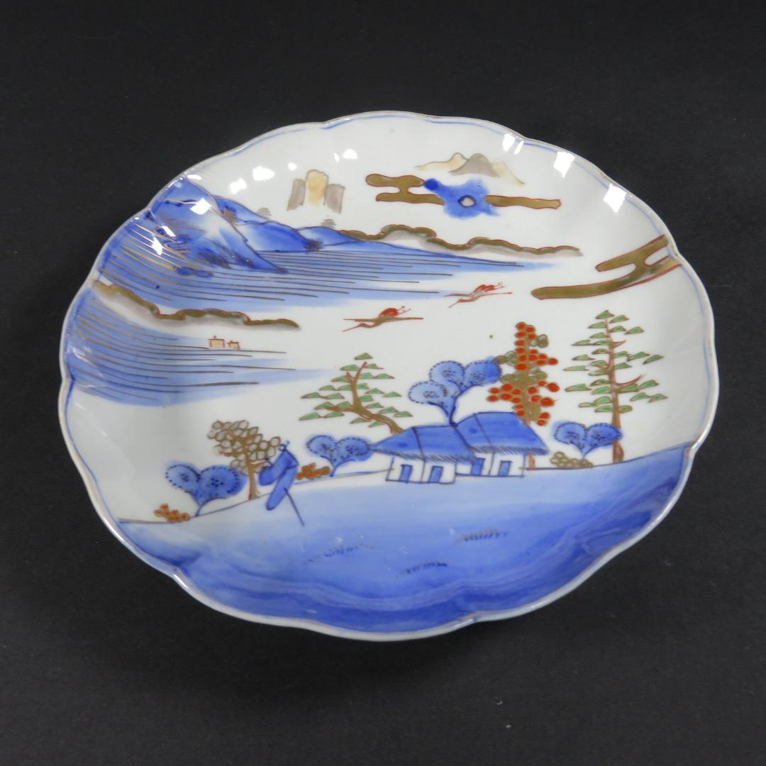 中皿 染付 色絵 風景 山水 古伊万里 銘 富 舟 山 家屋
