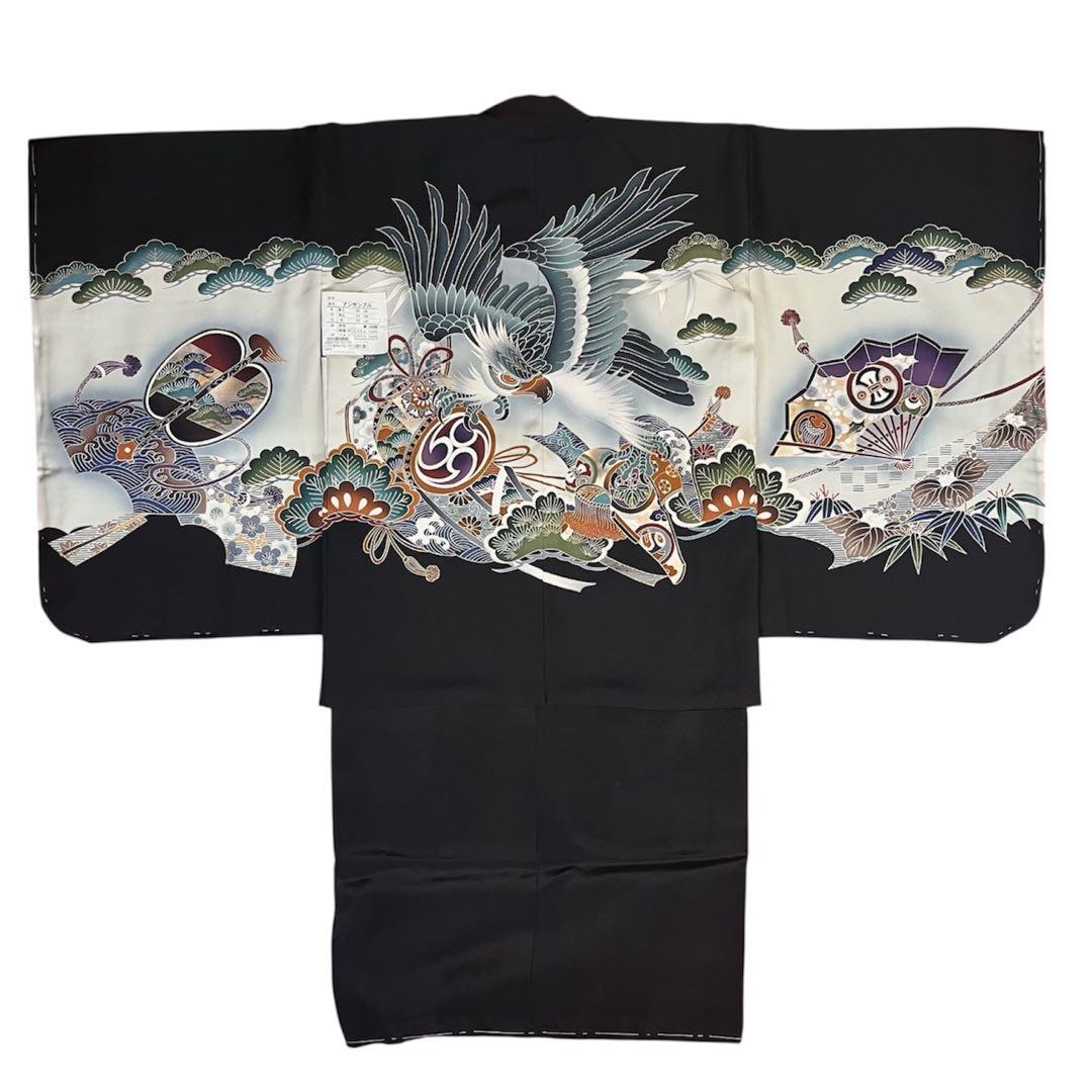 男の子 アンサンブル 羽織 着物 3601 黒 鷹 正絹 七五三 5歳
