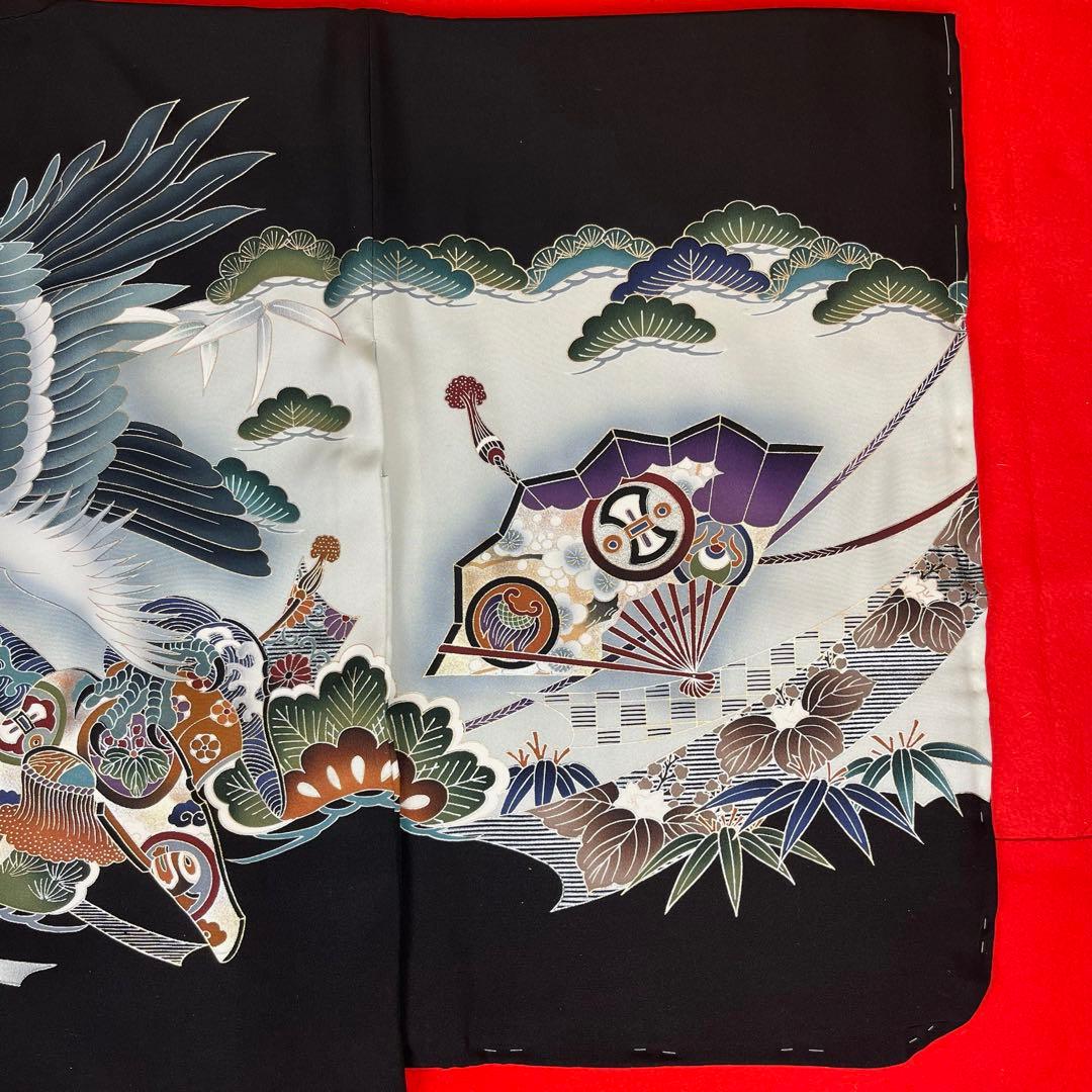 男の子 アンサンブル 羽織 着物 3601 黒 鷹 正絹 七五三 5歳