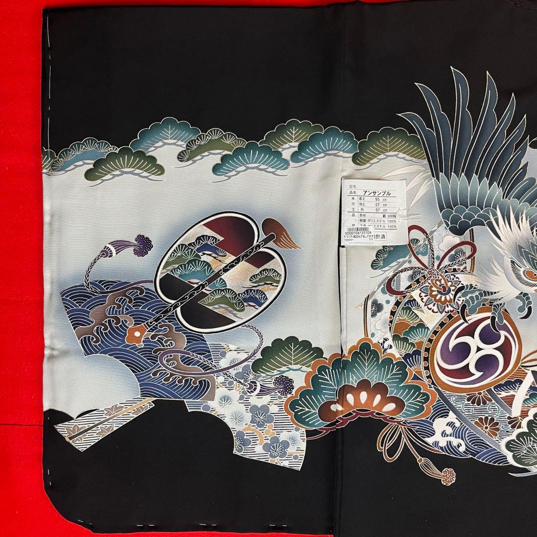 男の子 アンサンブル 羽織 着物 3601 黒 鷹 正絹 七五三 5歳