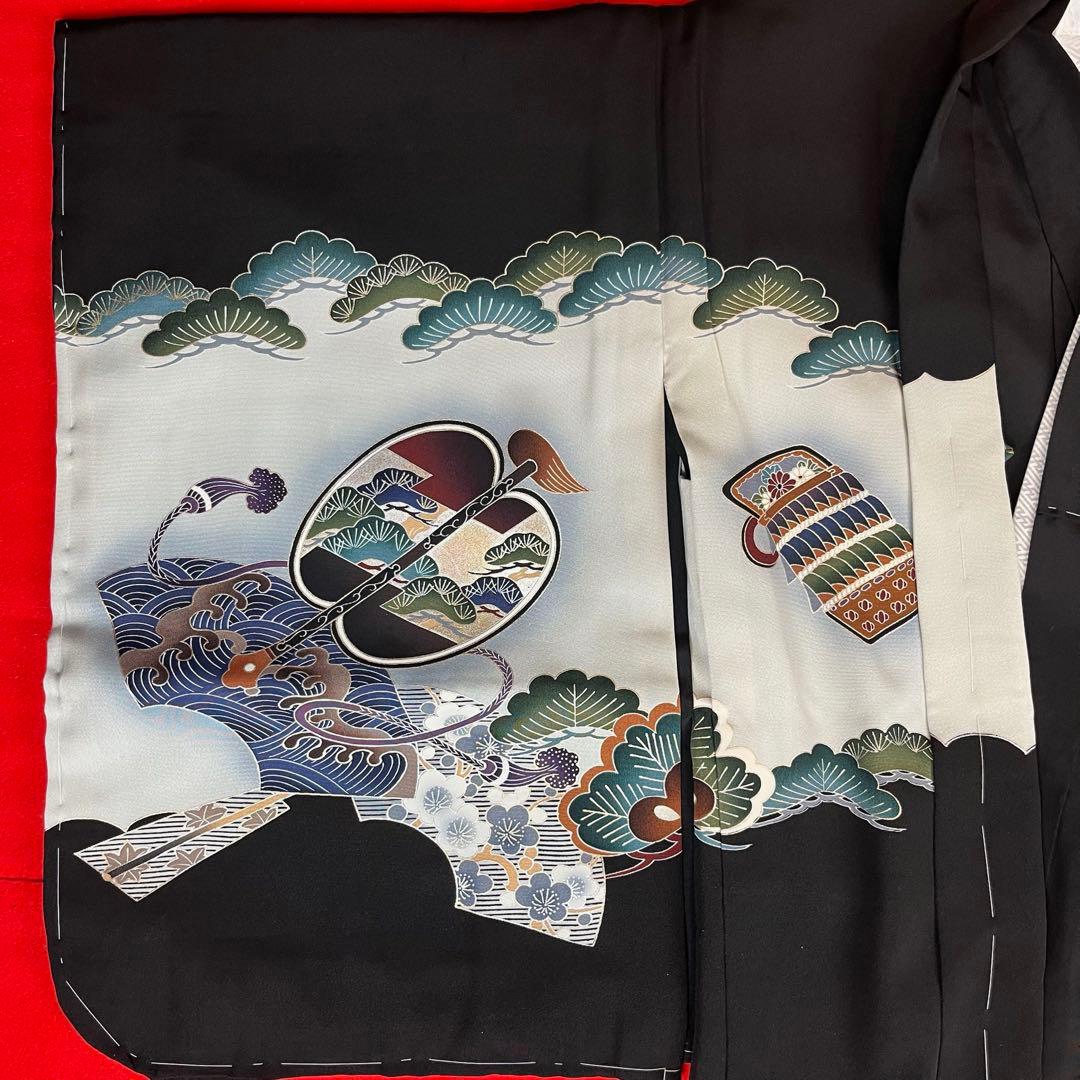 男の子 アンサンブル 羽織 着物 3601 黒 鷹 正絹 七五三 5歳