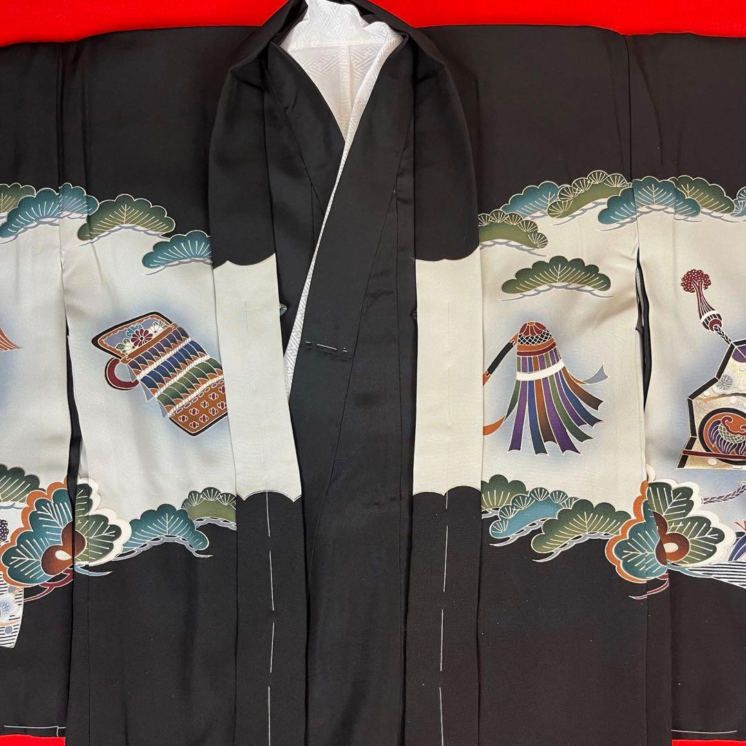 男の子 アンサンブル 羽織 着物 3601 黒 鷹 正絹 七五三 5歳