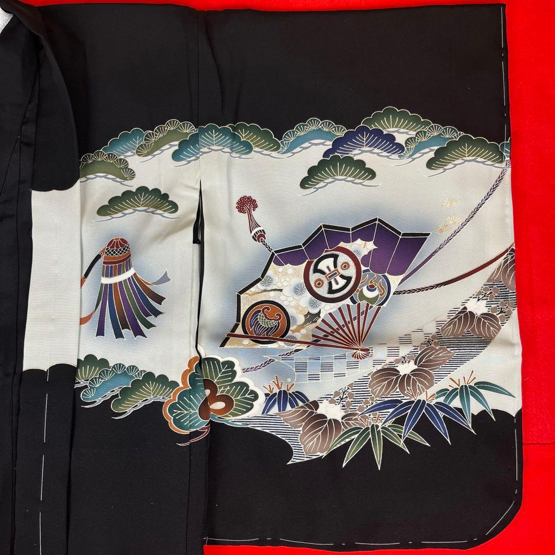 男の子 アンサンブル 羽織 着物 3601 黒 鷹 正絹 七五三 5歳