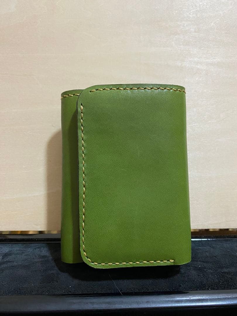 手縫い　グリーン 三つ折り財布 ハンドメイド