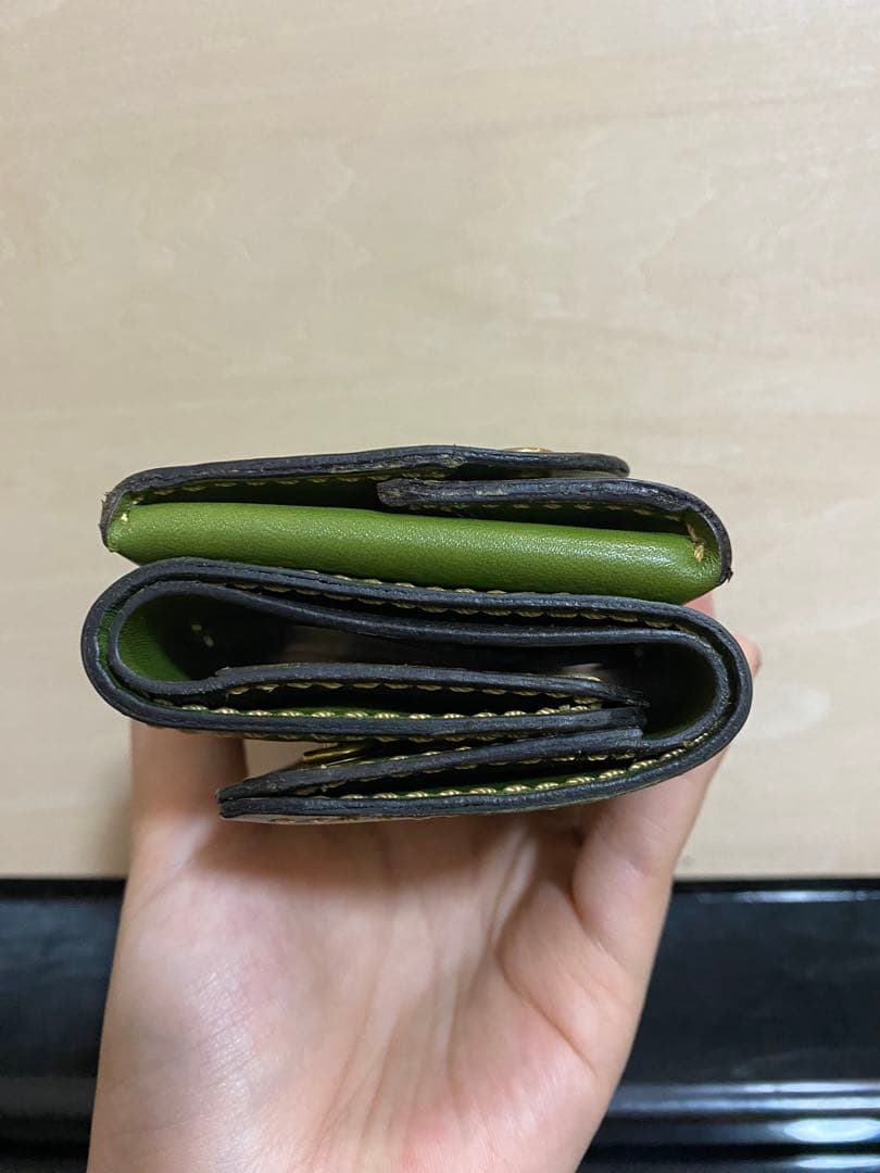 手縫い　グリーン 三つ折り財布 ハンドメイド