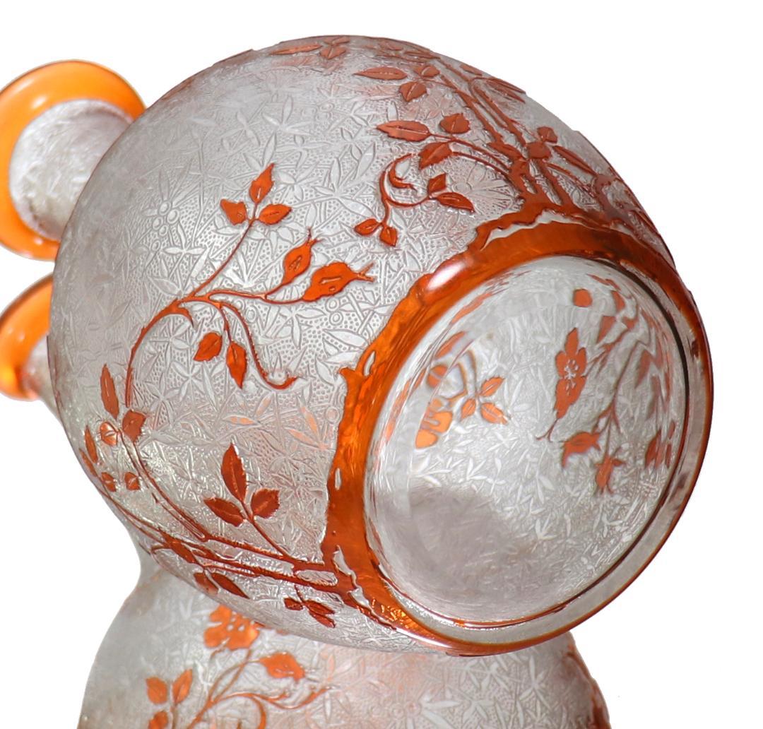 オールド・バカラ 面積大 橙色被せガラス 犬薔薇 花瓶 徳利 アシッド
