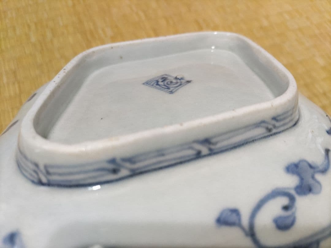 古伊万里 型紙摺 印判 入隅 菱形 皿（21×17cm）二重角福