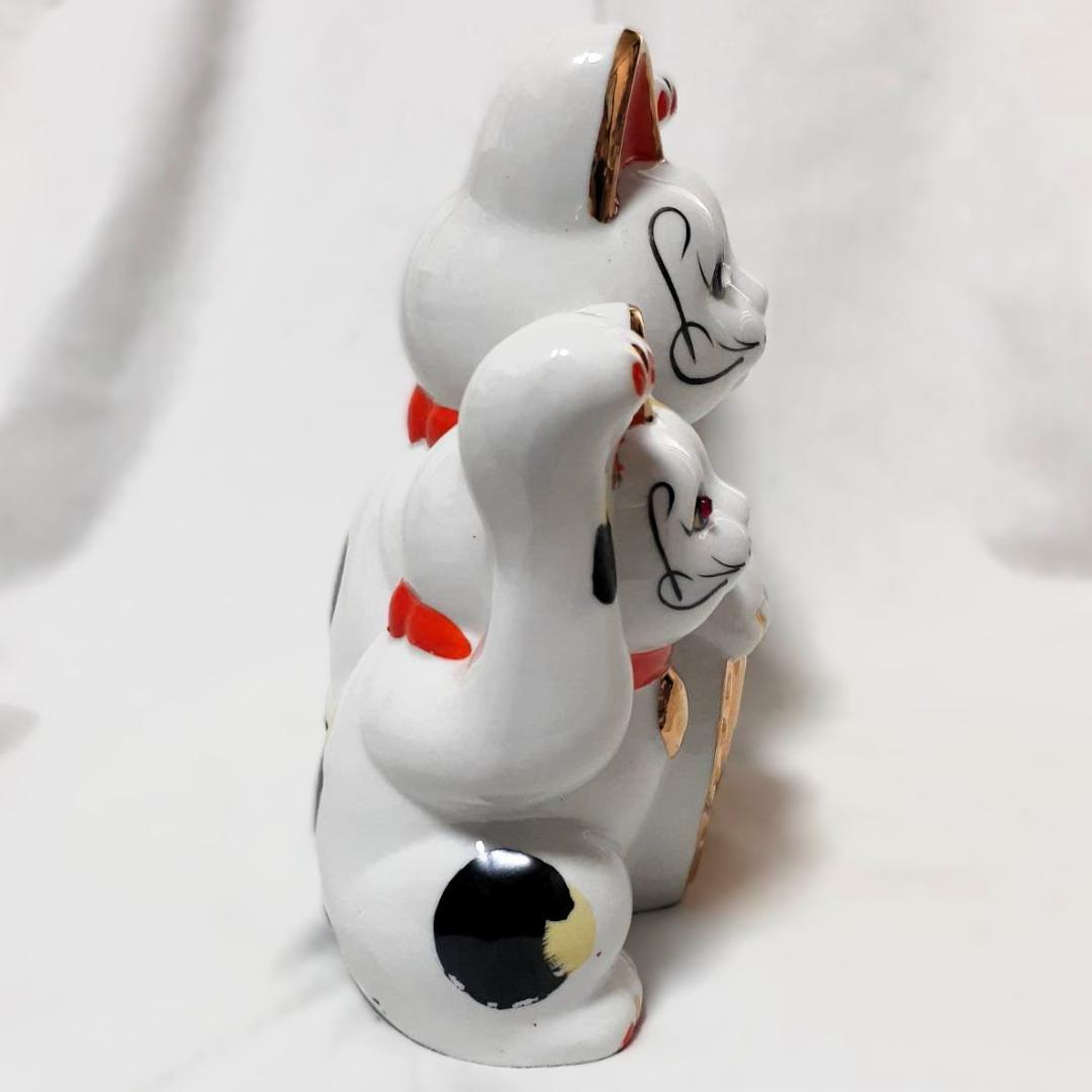 059　瀬戸焼　招き猫 三匹猫　ガラス目　昭和レトロ　当時物　希少品