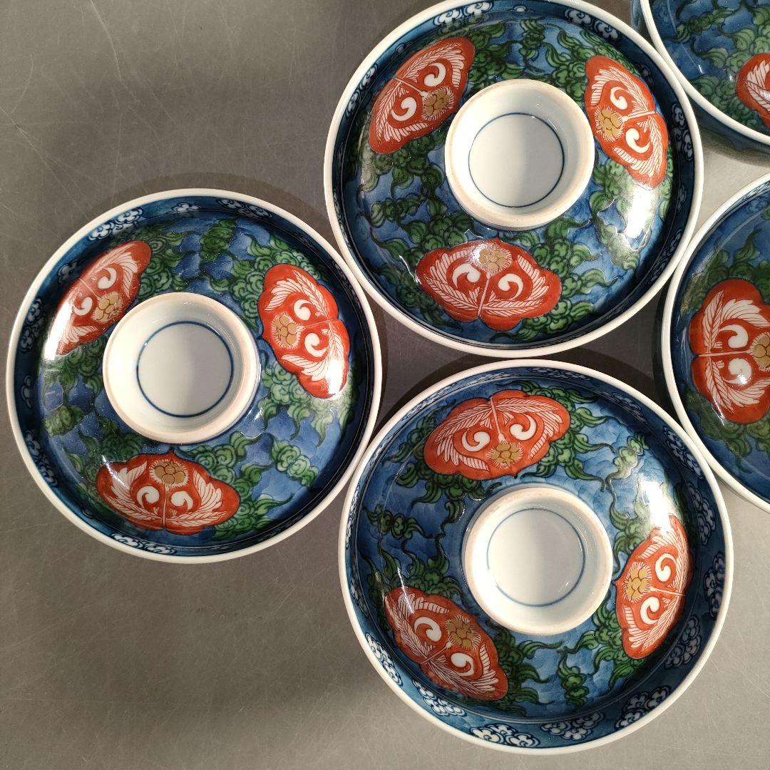 A1352-1/有田焼/源右衛門窯/染錦瑞雲草花紋向付5客/共箱/蓋碗/懐石道具