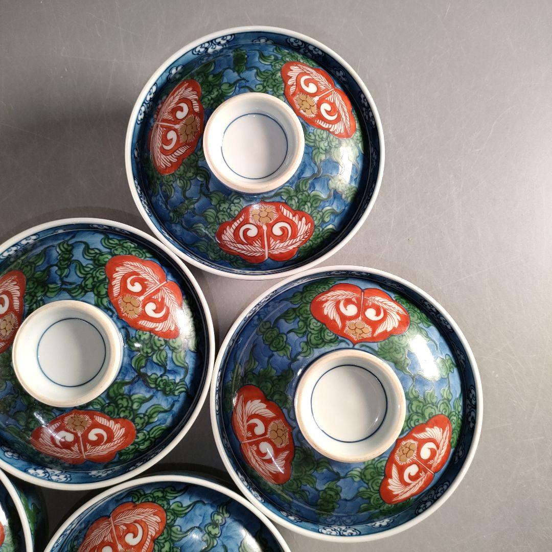 A1352-1/有田焼/源右衛門窯/染錦瑞雲草花紋向付5客/共箱/蓋碗/懐石道具