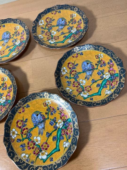 167 九谷焼　青粒花鳥皿　5客　金彩　未使用