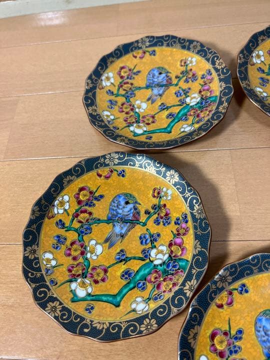 167 九谷焼　青粒花鳥皿　5客　金彩　未使用