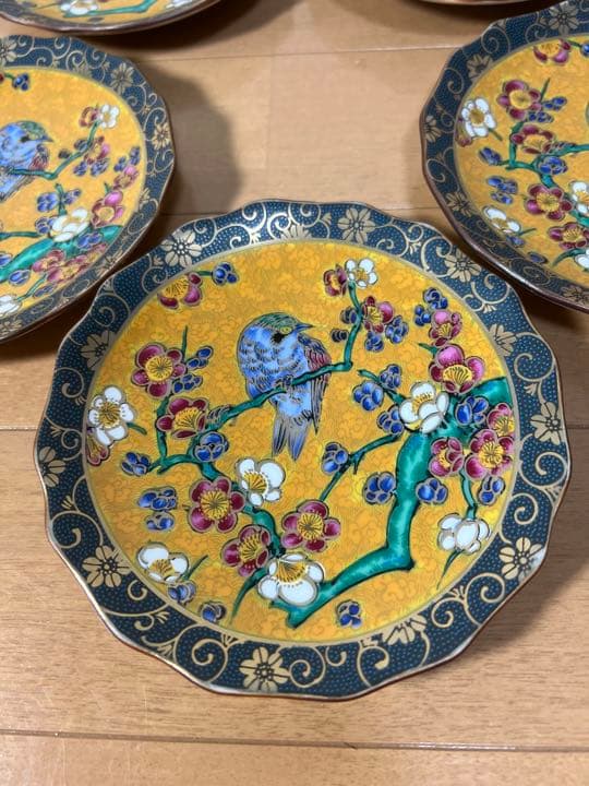 167 九谷焼　青粒花鳥皿　5客　金彩　未使用
