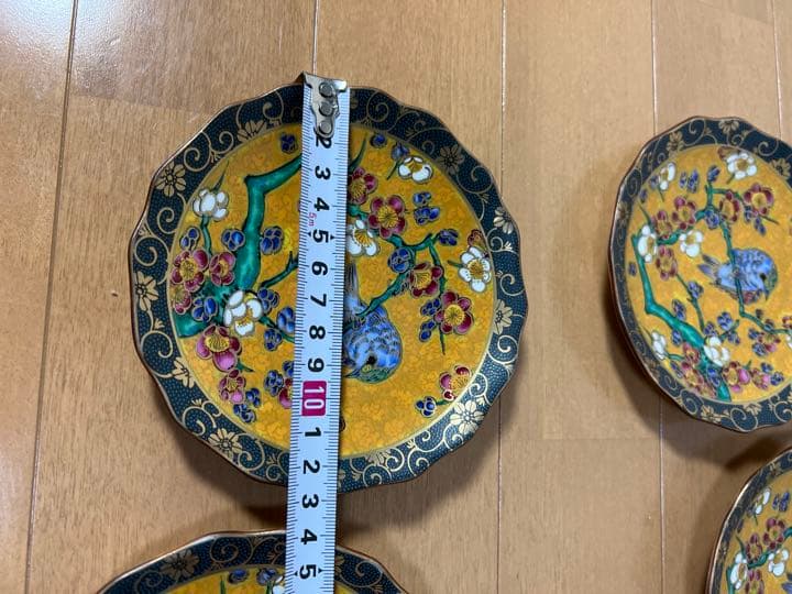 167 九谷焼　青粒花鳥皿　5客　金彩　未使用