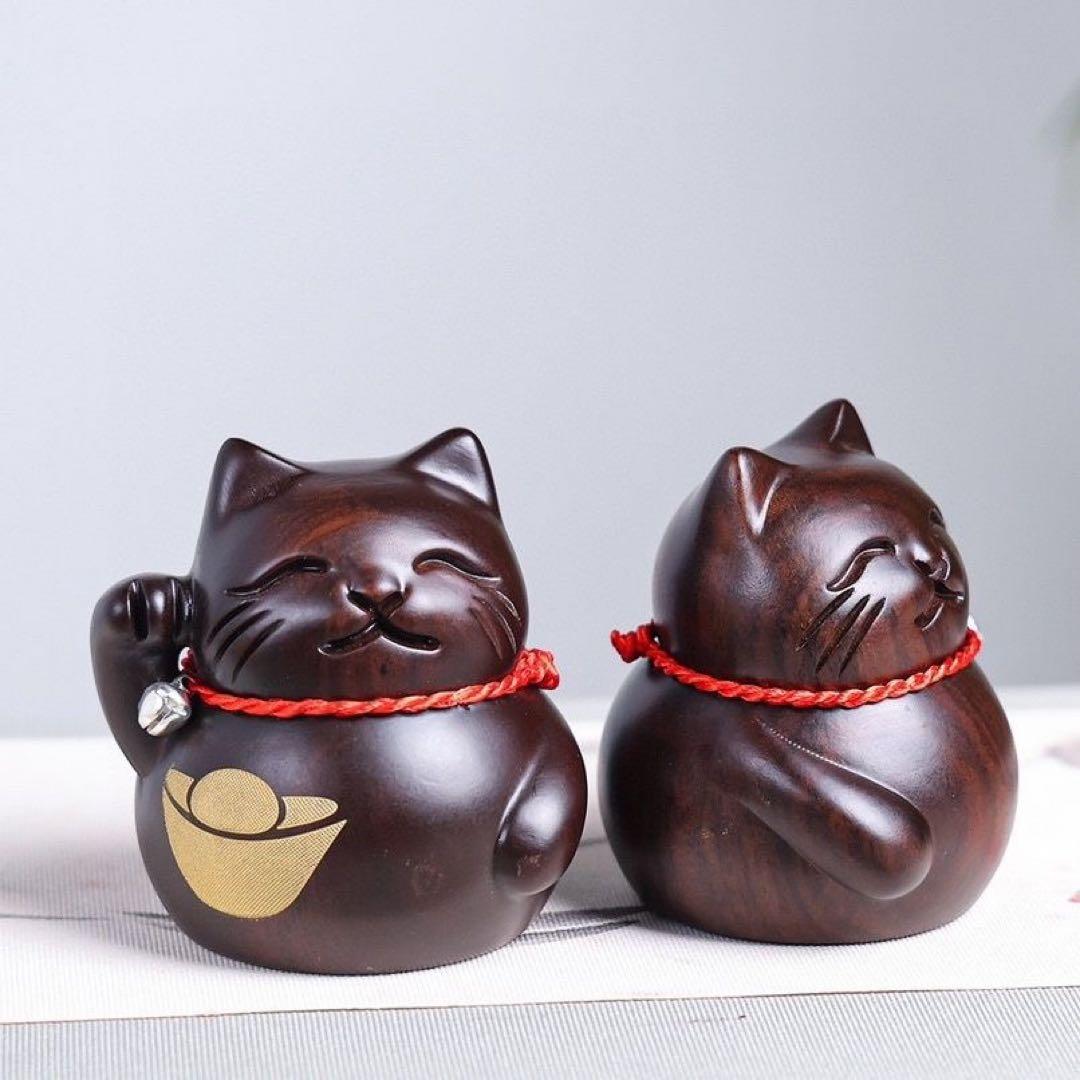 木製 招き猫 置物 2体セット
