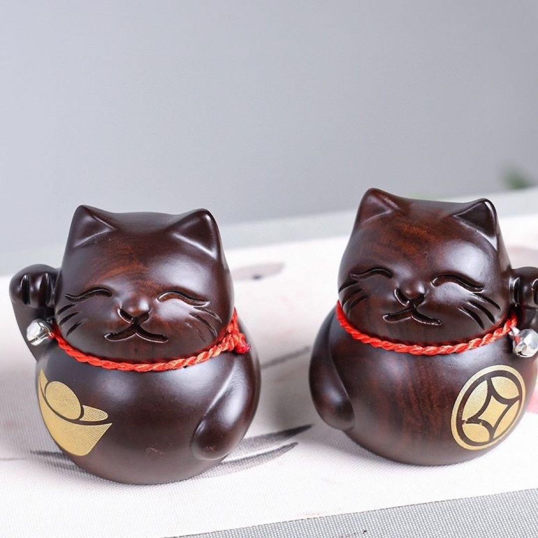 木製 招き猫 置物 2体セット