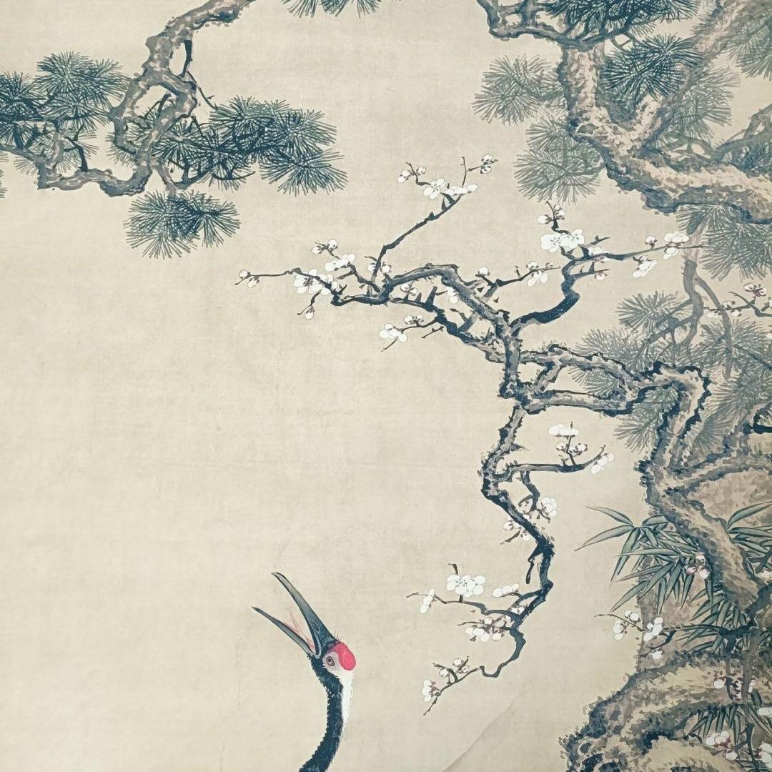 沈铨《松梅双鹤図》三尺中堂挂軸　証書付・防偽標識付　70×173cm