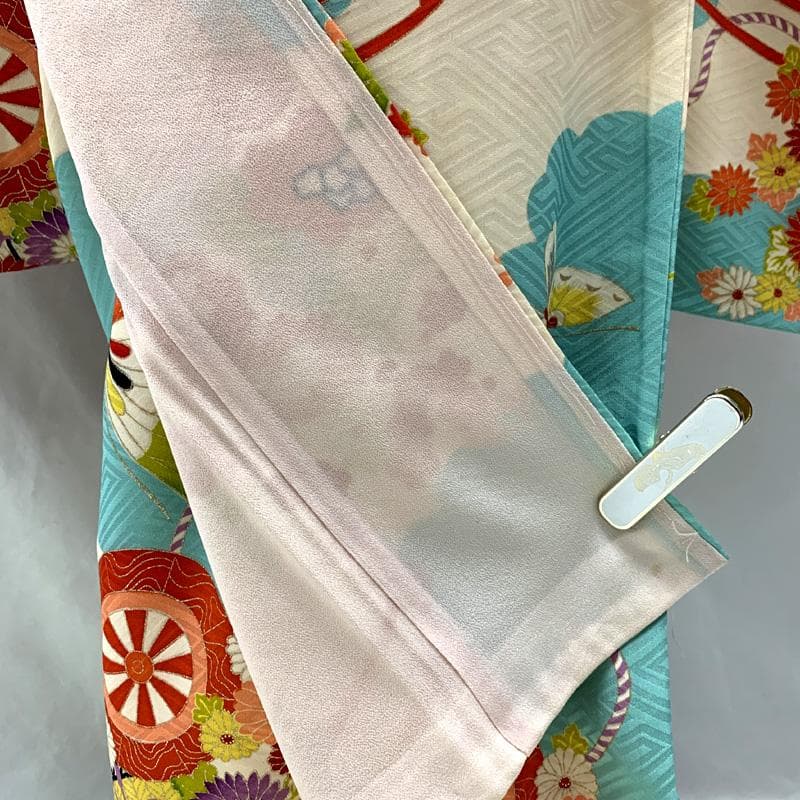 509ag32□七五三 七歳 女児 着物&袋帯 金彩 花車 水色白□状態良好