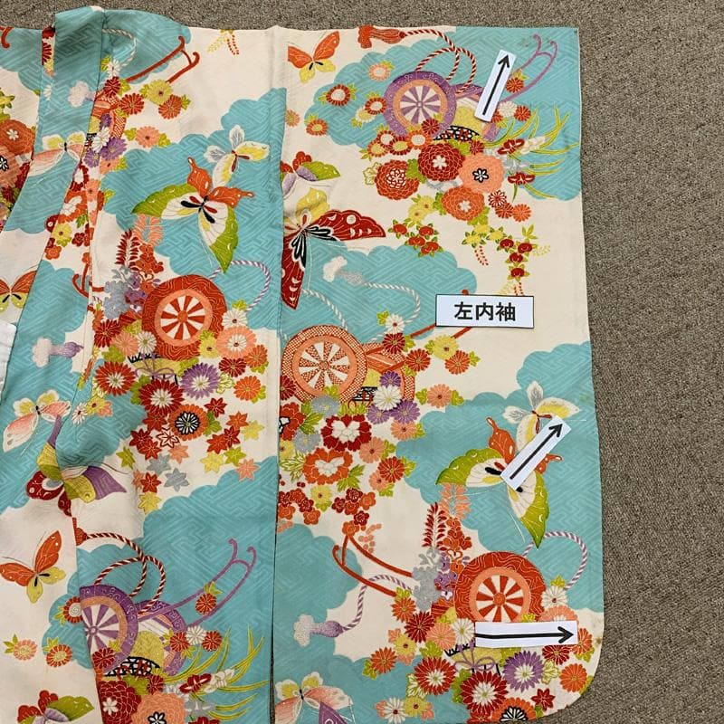 509ag32□七五三 七歳 女児 着物&袋帯 金彩 花車 水色白□状態良好