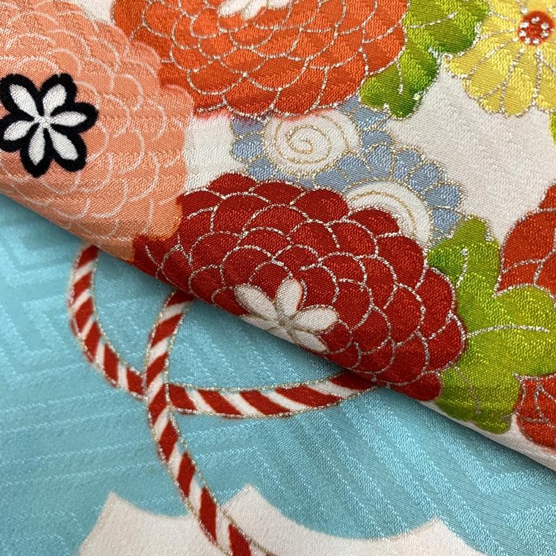 509ag32□七五三 七歳 女児 着物&袋帯 金彩 花車 水色白□状態良好