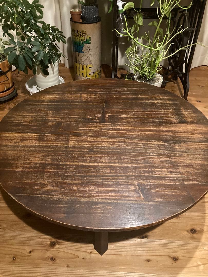 昭和レトロ　古い木製丸ローテーブル　折畳丸ちゃぶ台⑨直径900