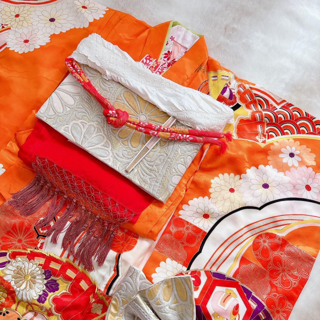 七五三　7歳　四つ身　子供着物　作り帯　女の子　長襦袢　フルセット　オレンジ