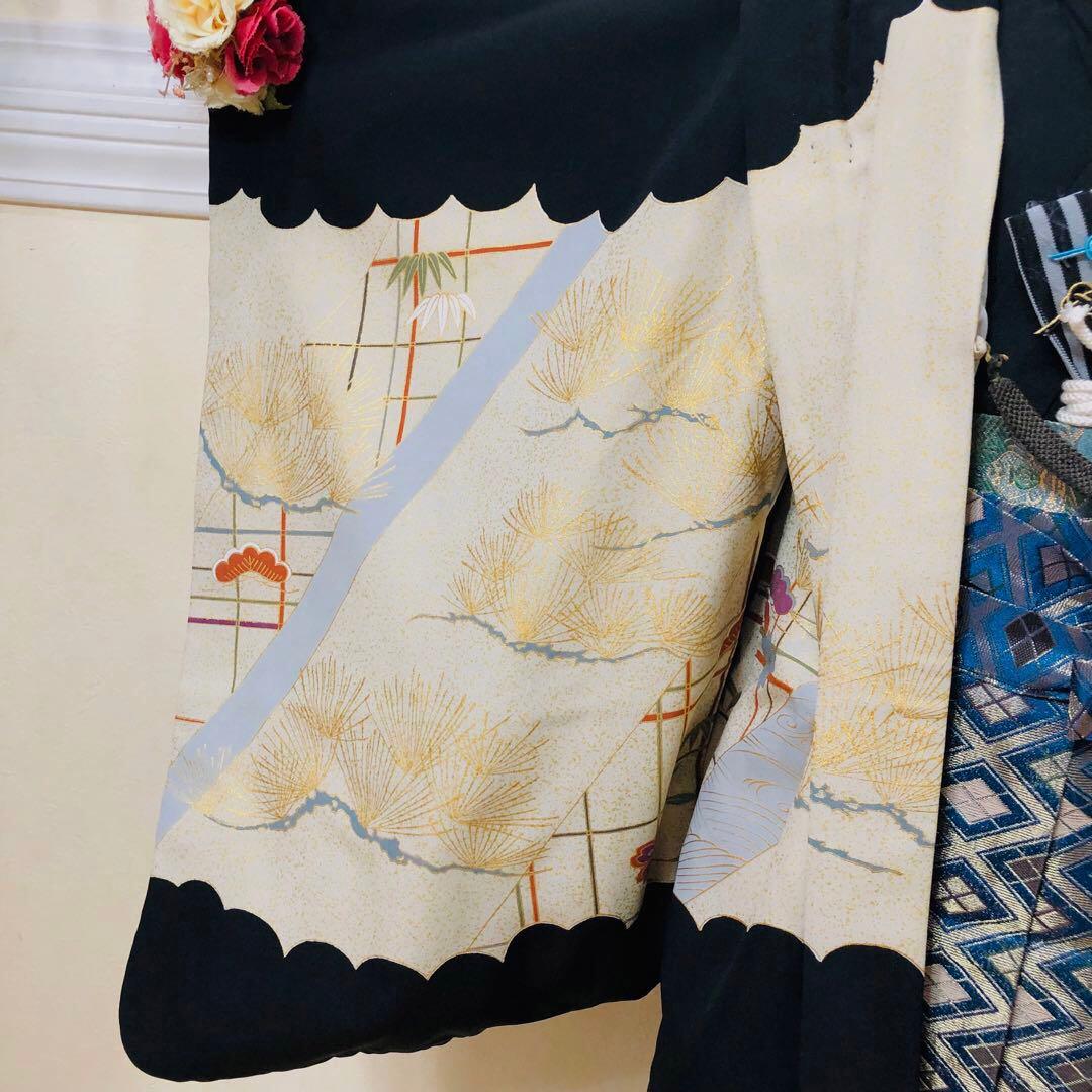 七五三 五歳‼️黒地にクリーム系 鷹 金箔金彩‼️完全フルセット‼️家から揃え無し