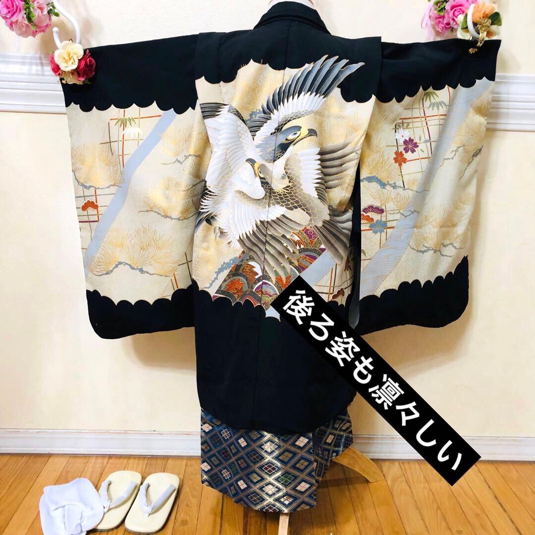 七五三 五歳‼️黒地にクリーム系 鷹 金箔金彩‼️完全フルセット‼️家から揃え無し