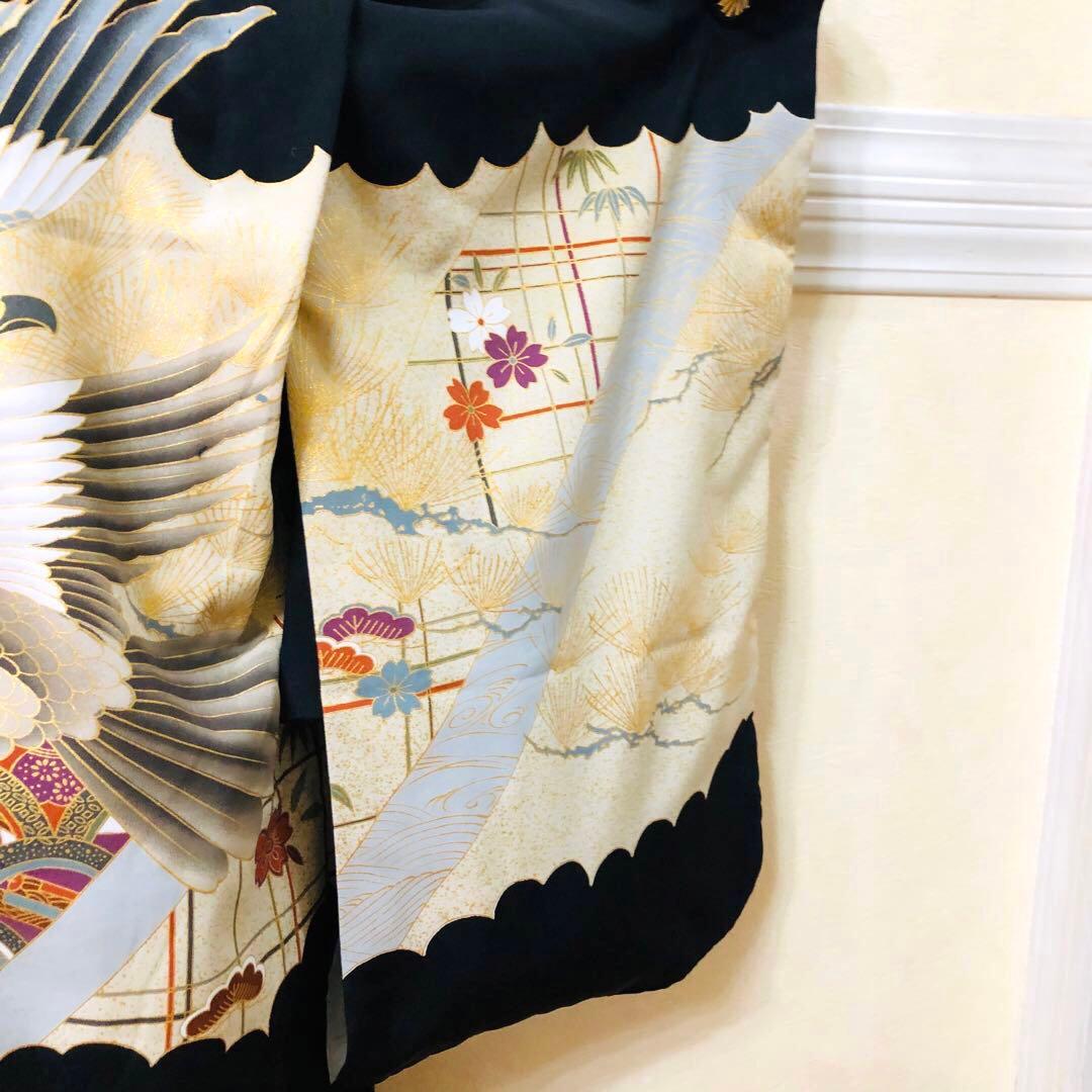 七五三 五歳‼️黒地にクリーム系 鷹 金箔金彩‼️完全フルセット‼️家から揃え無し