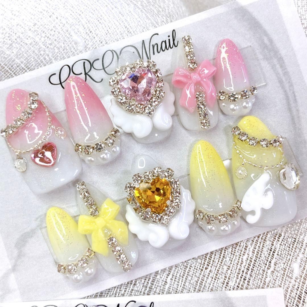 ネイルチップ 量産型 ワンホン 黄色 ピンク 羽 推しネイル オーダー #73