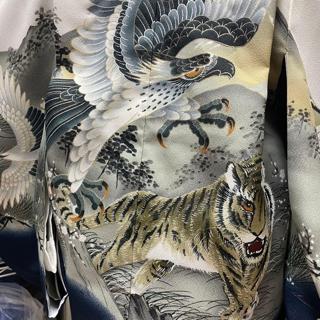 七五三 三歳 五歳 男の子 着物　袴　白　鷹　虎　富士山　金たたき　鶴