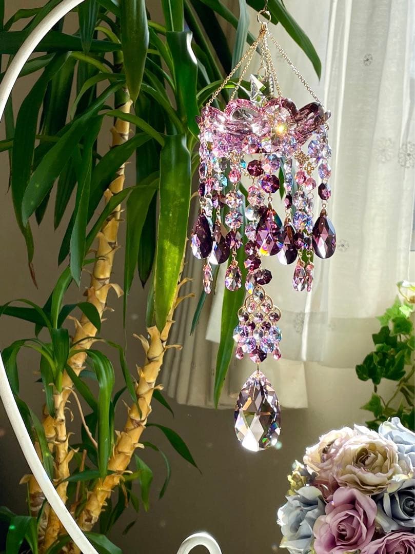 サンキャッチャー スワロフスキー シャンデリア皿110mm アンティークピンク