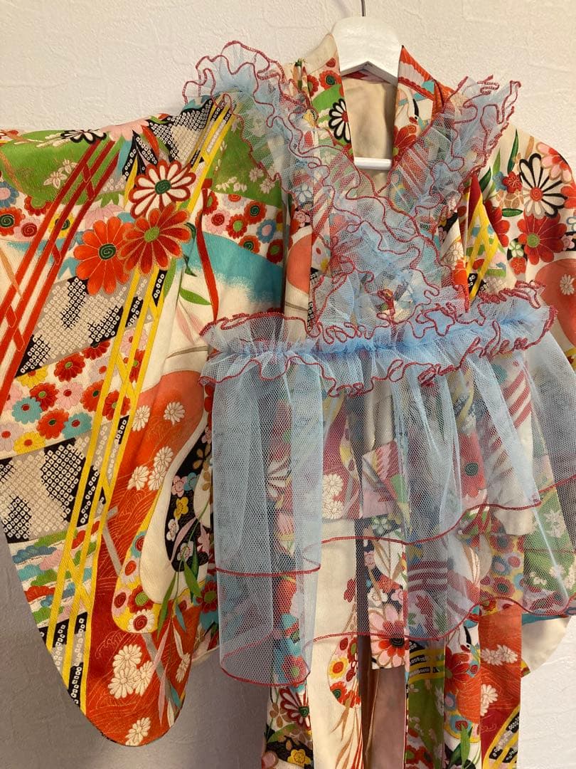 七五三　チュール　七五三　被布　チュール　水色　女の子　レトロ　着物　エプロン