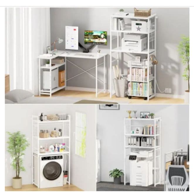 キッチン＆ランドリー兼用ラック 幅伸縮・高さ調整・耐荷重90kg・白