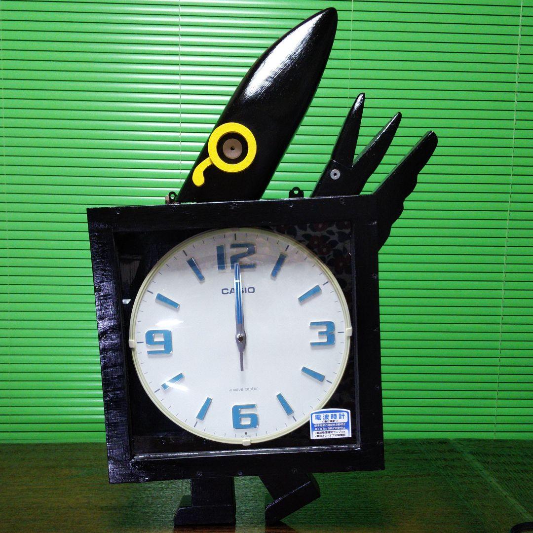 【カラスの親子型防雨電波時計】CASIO IQ−1009J 使用（プラ枠黄ばみ）