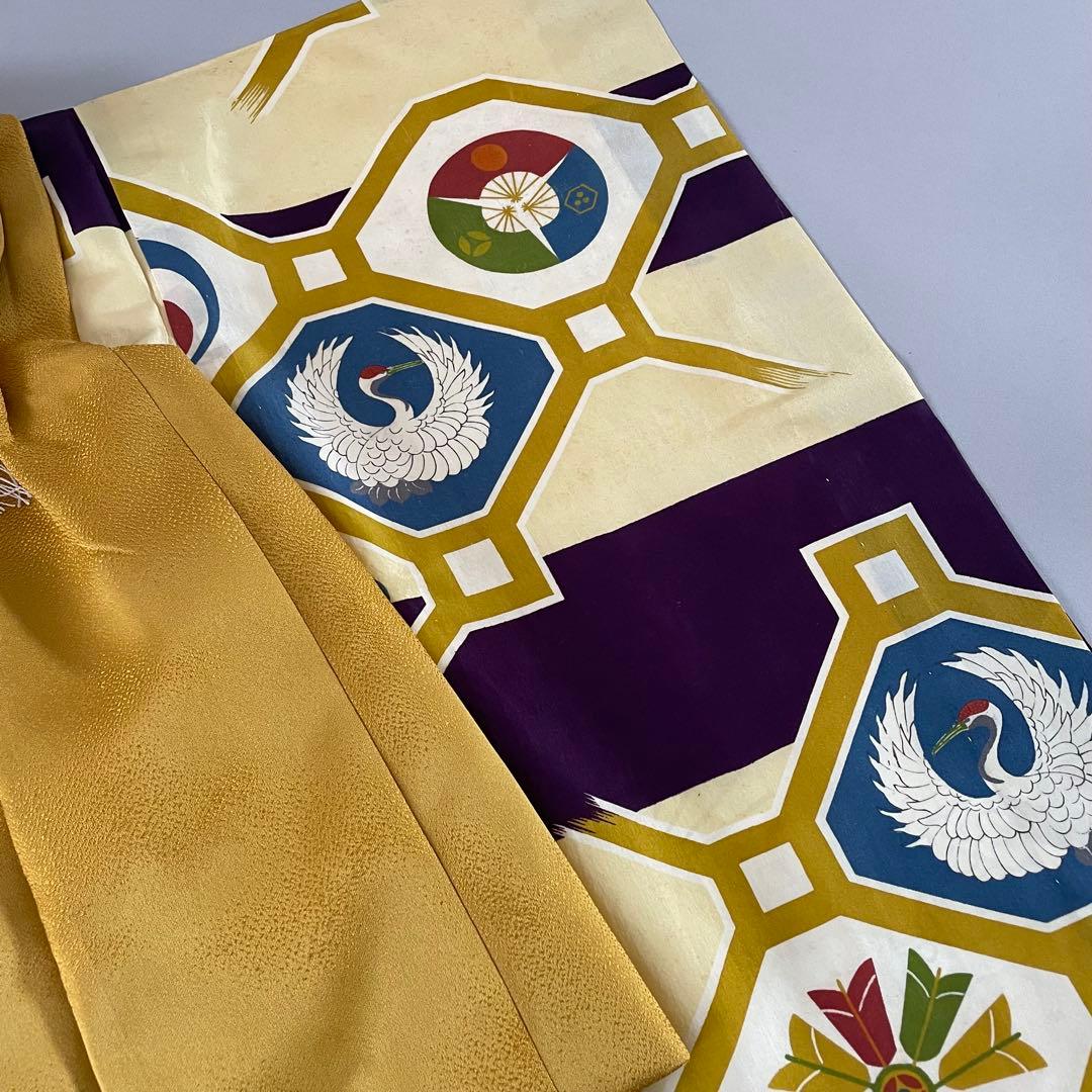 七五三　3歳　男の子　正絹アンティークお着物セット　正絹マスタード被布　黒ブーツ