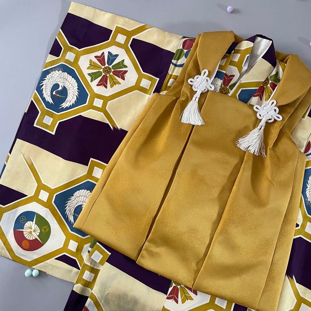 七五三　3歳　男の子　正絹アンティークお着物セット　正絹マスタード被布　黒ブーツ