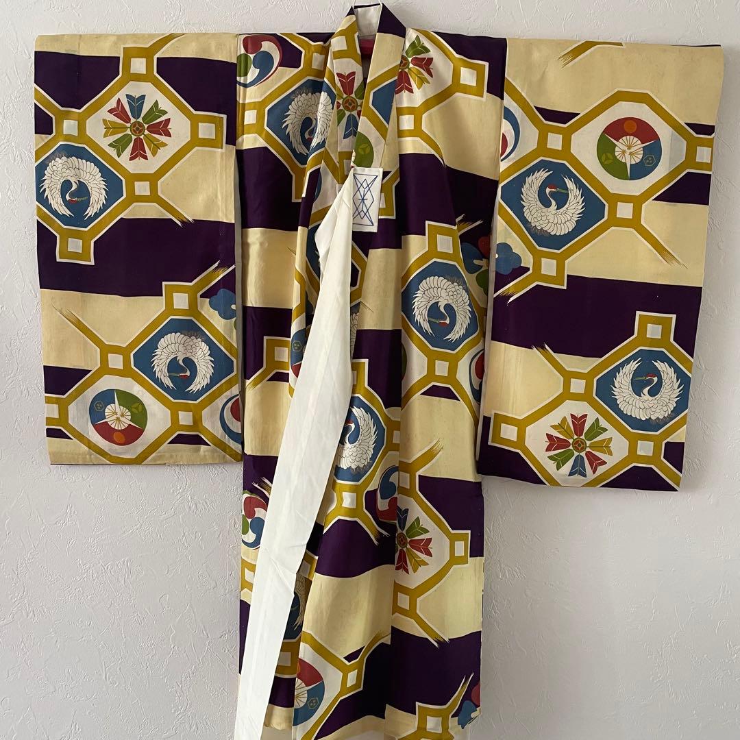 七五三　3歳　男の子　正絹アンティークお着物セット　正絹マスタード被布　黒ブーツ