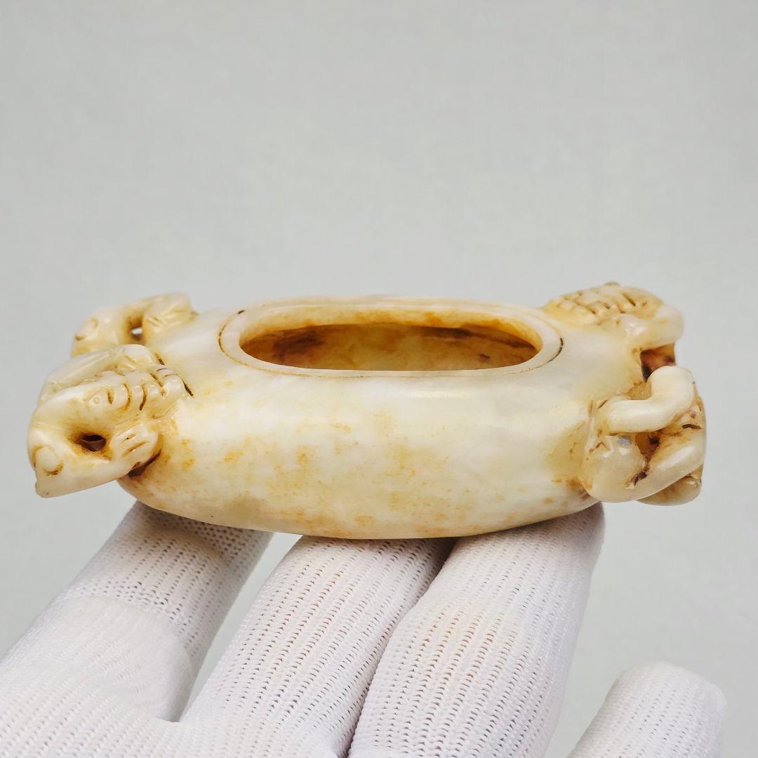 古文房具 本物和田白玉 原石 手彫 清代 双龍出郭 筆洗 筆添 墨池 水鉢 激安