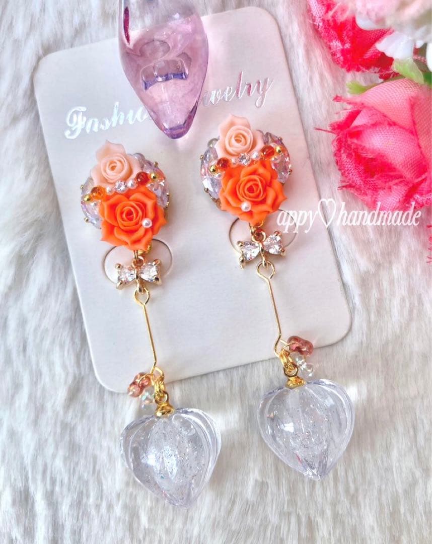 薔薇ビジュー♡氷っぽい鬼灯レジンチャーム　ピアス/イヤリング✩*॰¨