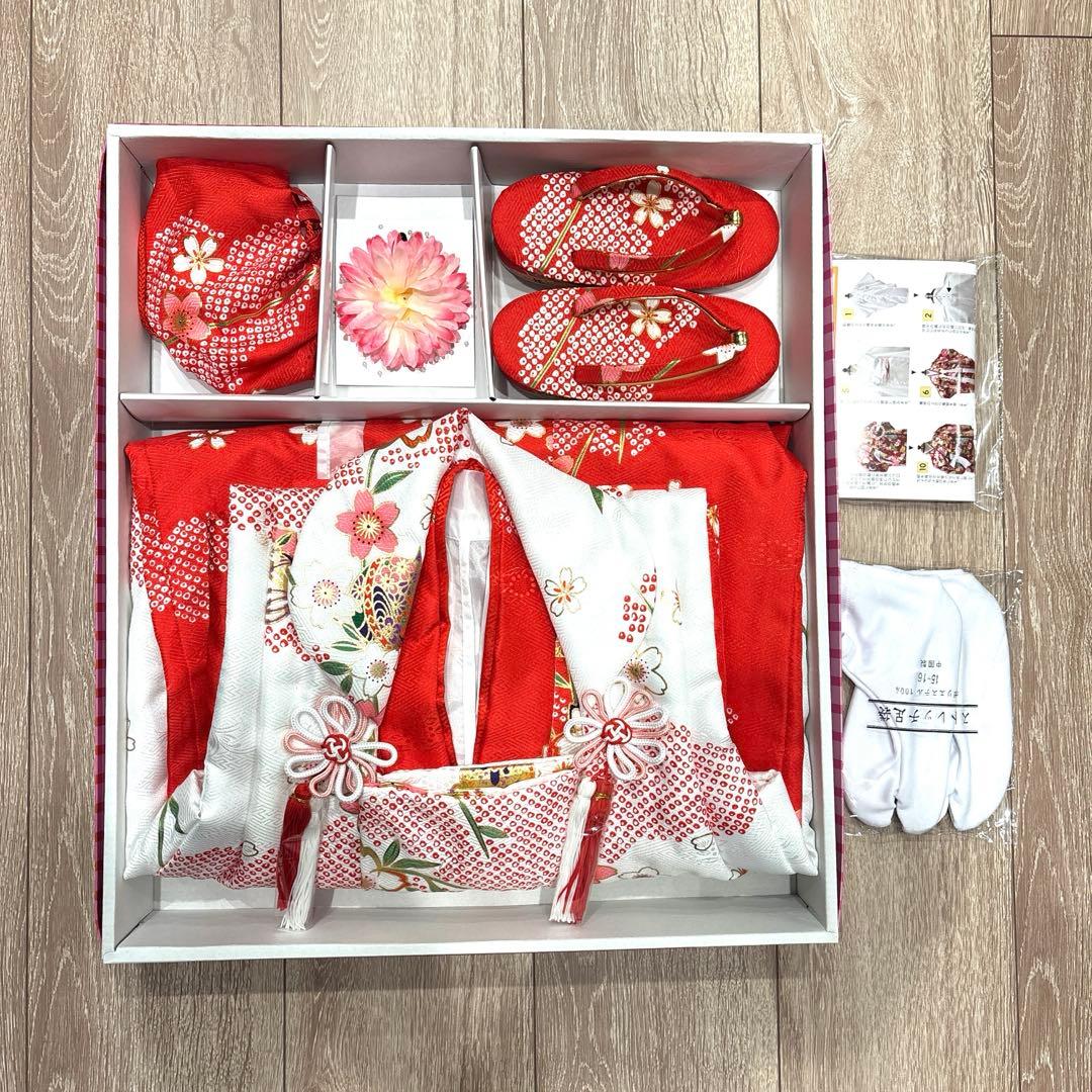 七五三女の子着物9点セット★3歳着物被布草履★赤色着物★白色被布コート★足袋巾着