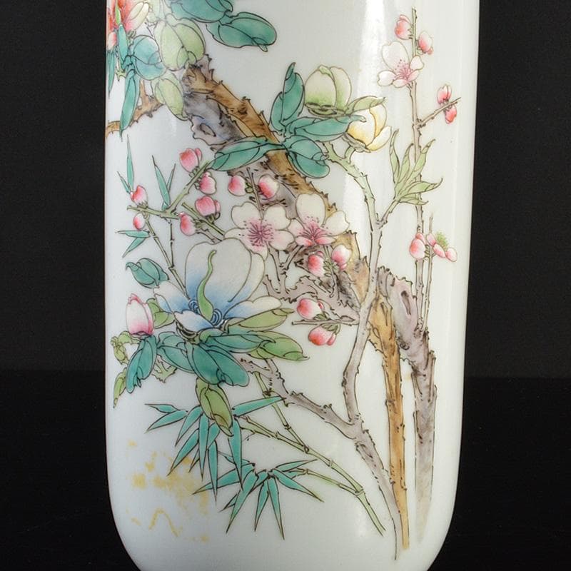 中国 致遠堂製 粉彩 花漢詩文 筒瓶 花瓶 V R6768F - メルカリ
