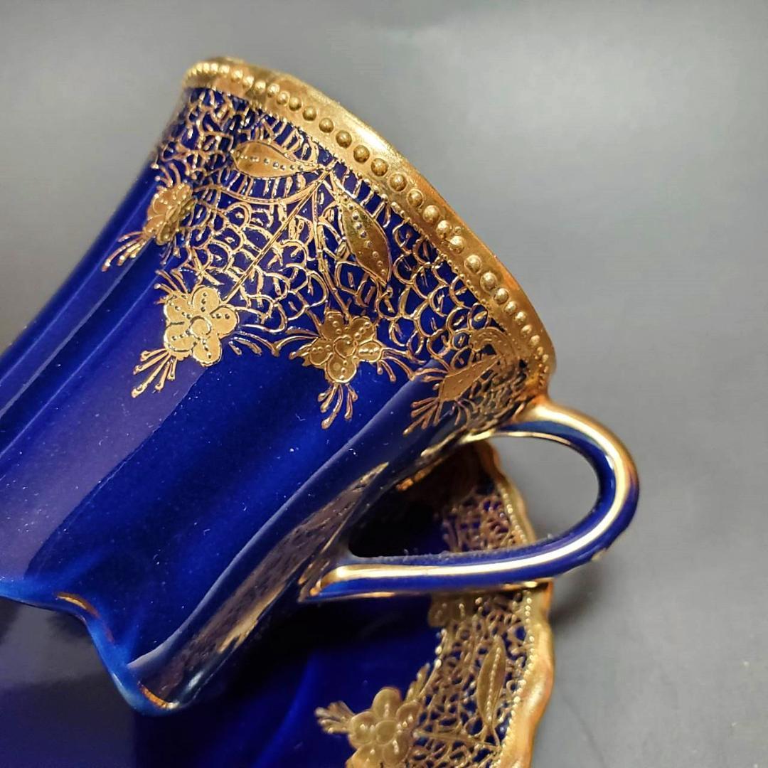 初期オールドノリタケ メープルリーフ印 金盛上藍線帯華装飾紋 カップ