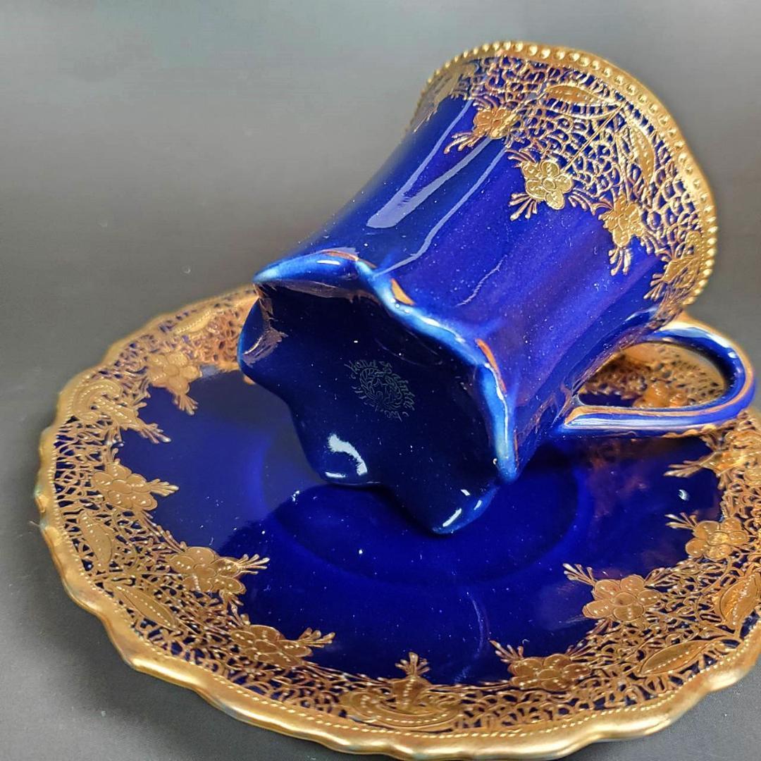 初期オールドノリタケ メープルリーフ印 金盛上藍線帯華装飾紋 カップ