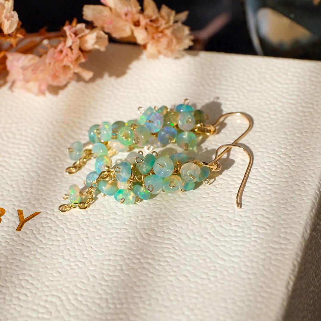 14kgfグリーンカラーオパールロンデルショートピアス/イヤリング