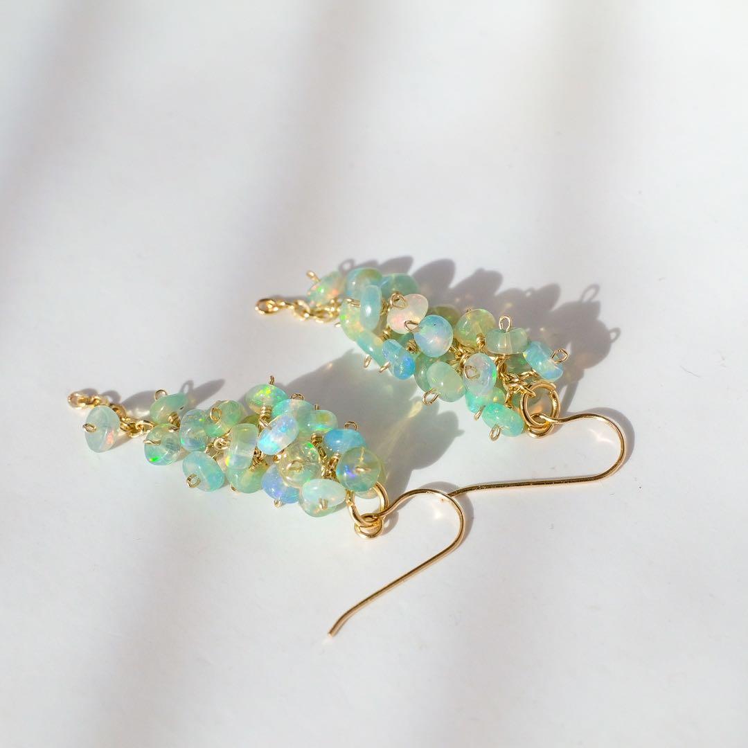 14kgfグリーンカラーオパールロンデルショートピアス/イヤリング